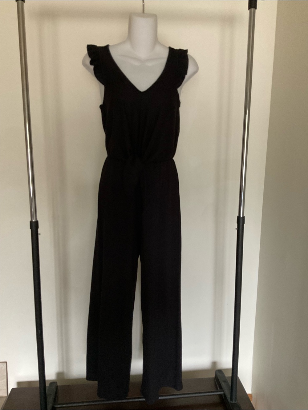 Caution To The Wind Black V-Neck Wide-Leg Jumpsuit with Ruffle Shoulders